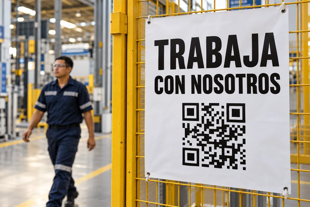 Cartel de reclutamiento con código QR en la entrada de una planta